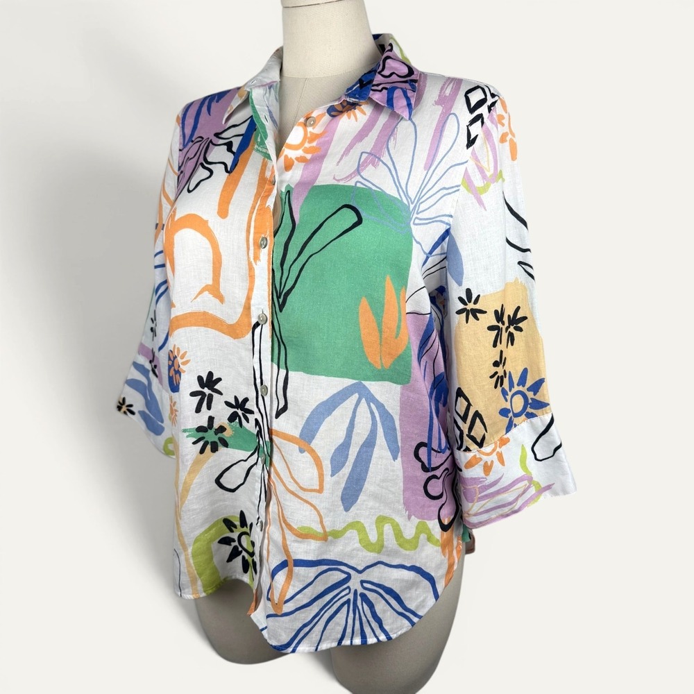 Chicos Surreal Linen Button Down Shirt Size Large Art To Wear Coastal Grandma - Picture 2 of 9